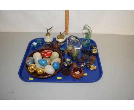 Tray containing a quantity of ceramic and onyx eggs and other items