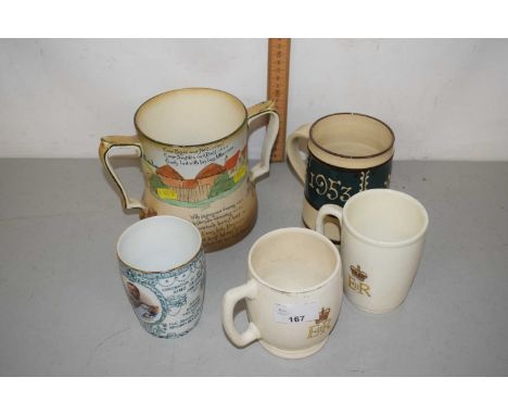 Group of commemorative mugs and a Burleigh ware loving cup