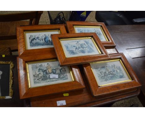 A set of five reproduction hunting prints in maple frames