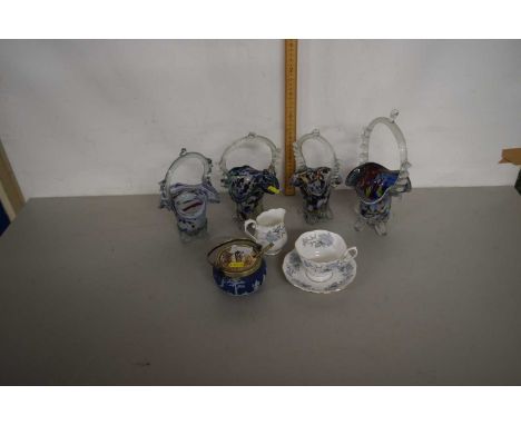 Group of four ceramic baskets all with mottled coloured designs and further Wedgwood Jasper ware bowl and cover
