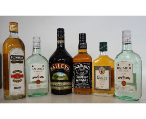 A SELECTION OF SPIRITS
A selection of spirits & Liqueur including:  BUSHMILLS IRISH WHISKEY.  700ml.  40% abv.  Level top sho