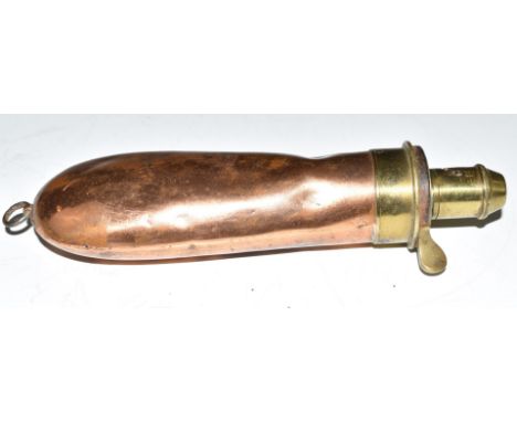 James Dixon &amp; Sons Colt style copper and brass bag shaped powder flask with belt loop, 18cm long.