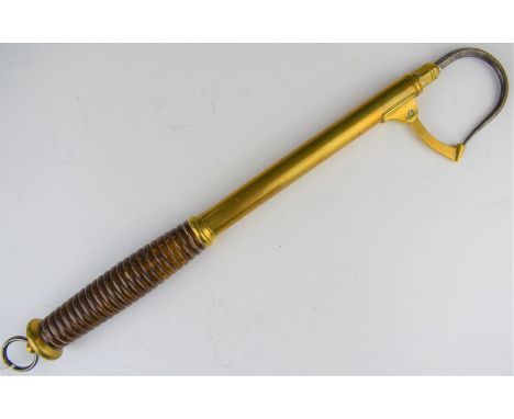 Vintage brass extending salmon gaff with turned wood handle and suspension loop, L41 and 87cm