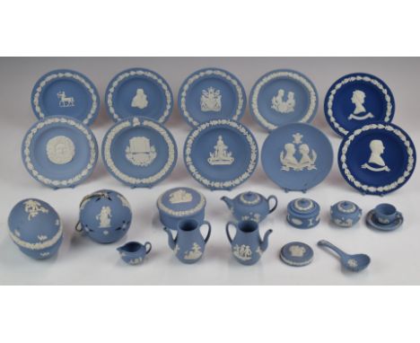 A collection of Wedgwood Jasperware miniature teaware, plaque etc, largest diameter 11.5cm