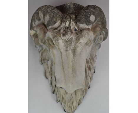 Carved stone ram's head shelf bracket / capitol, W22 x H33cm