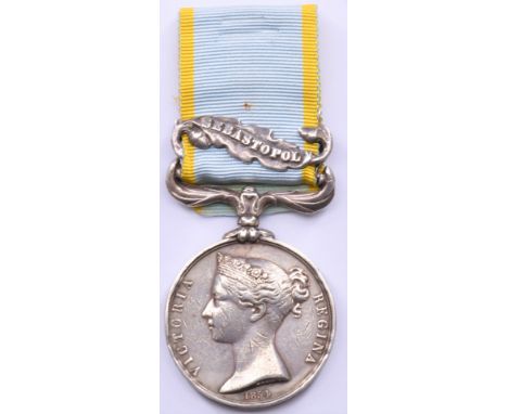 British Army&nbsp;Crimea medal with clasp for Sebastopol named to 1708 James Johnson 13th Light Dragoons. Pte Johnson joined 