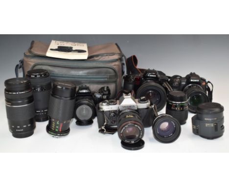 35mm and digital SLR cameras, lenses and accessories including Sony A200 with 18-70mm 3.5-5.6 lens, Nikon EM with Tamron 80-2