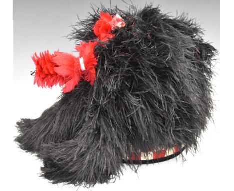 British Army 'Black Watch' feather bonnet with regimental badge and diced band, hackle, leather sweat band with S and S L Lou