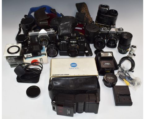 Mainly Minolta 35mm SLR cameras and accessories to include X-700 with 59mm 1:1.7 lens, XD7 with 50mm 1:1,7 lens, SR7 with 55m