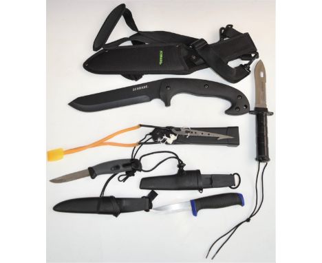 Four survival/hunting knives including Schrade Schf 43 with 24cm blade and sheath, Hultafors knife with 9cm blade and sheath,