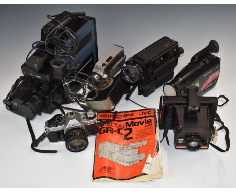 Mainly video cameras and accessories to include Canon AE-1 program with 50mm 1:1.8 lens, Elmo super 8 350SL, two Ferguson Vid