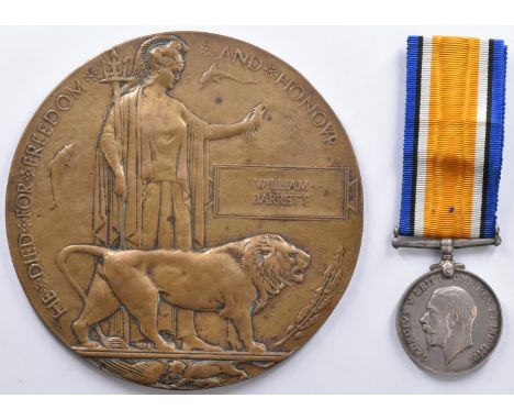 William Barrett memorial plaque / death penny&nbsp;and his War Medal named to 13196 Pte W Barrett, East Kent Regiment