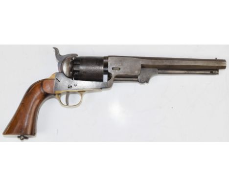 Belgian Colt .36 single-action revolver with engraved cylinder, brass trigger guard and grip strap, belt loop and 7.25 inch o