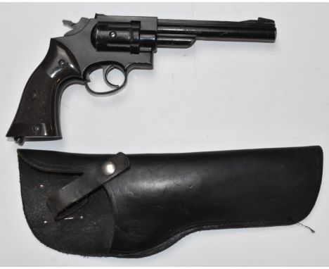 Crosman Model 38T six-shot double action .22 revolver air pistol with chequered composite grips, serial number 287665, in lea
