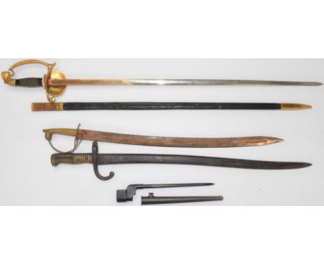 British Mk4 spike bayonet with 20cm blade and scabbard, French chassepot bayonet with 1868 manufacturer date to 57cm fullered