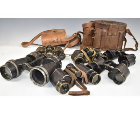 Six pairs of vintage military binoculars to include Hunsicker &amp; Alexis, Taylor-Hobson, 1943 dated Kershaw, 1939 dated Ros