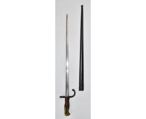 French 1879 pattern gras bayonet with T shaped single edged 52cm blade and metal scabbard. PLEASE NOTE ALL BLADED ITEMS ARE S