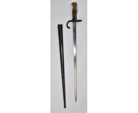 French 1879 pattern gras bayonet with T shaped single edged 52cm blade and metal scabbard. PLEASE NOTE ALL BLADED ITEMS ARE S