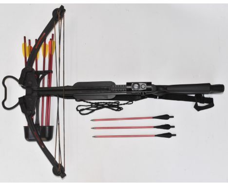 Man Kung crossbow with red dot scope, sling, EK Archery Research bolts and accessories.&nbsp;