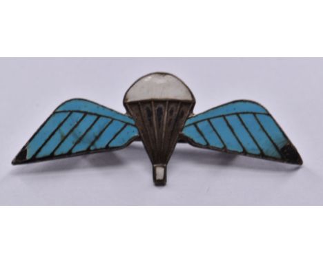 Silver and enamel parachute wings pin tack brooch / badge, 4.5cm