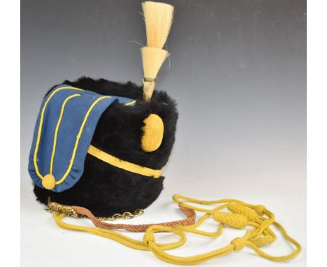 British Army 3rd Hussars other ranks fur busby, blue bag with yellow piping, white horse hair plume, leather backed chin chai