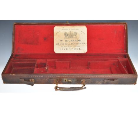 Leather and canvas bound shotgun carry case with 'W Richards Gun and Rifle Manufacturer 27 Old Hall Street Liverpool' label a