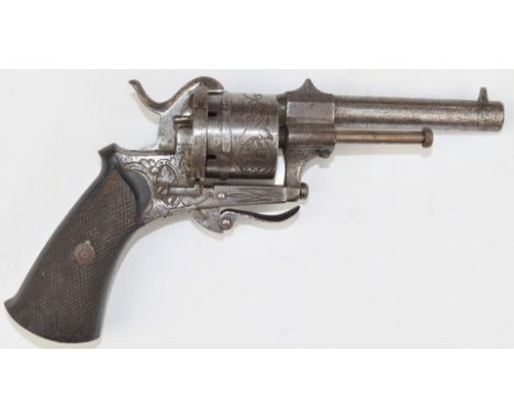 Unnamed 9mm six-shot double action pinfire revolver with engraved frame and cylinder, chequered grips, folding trigger and 3.