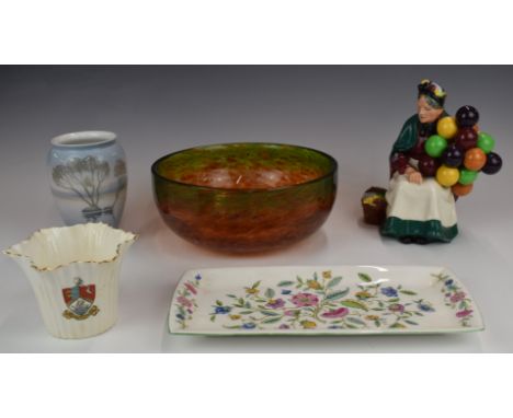 Copenhagen vase, Shelley crested vase, Royal Doulton Balloon Seller, Minton dish and a Monart style glass bowl, tallest 25cm