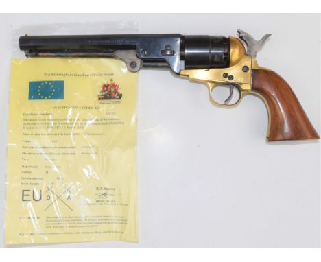 Deactivated Italian six shot single-action revolver with wooden grips, brass frame and 7.5 inch octagonal barrel, overall len