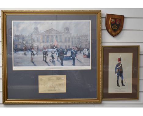 Royal Gloucestershire Hussars ephemera including framed signed print 'Guidon Parade Badminton 27th May 1962', 79 x 75cm inclu