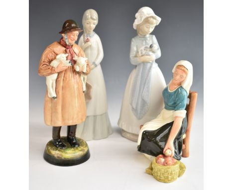 Four porcelain figures including Royal Doulton 'Lambing Time', 'The Apple Maid', and Nao, tallest 27cm