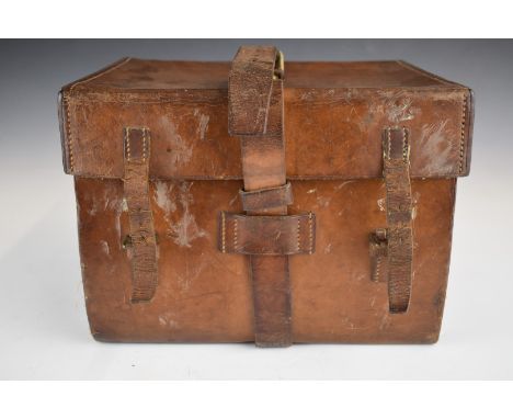 Vintage leather fishing tackle case embossed 'Army &amp; Navy Stores', W31 x D24 x H21cm