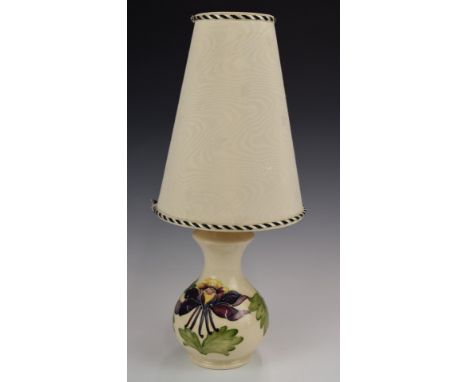 Moorcroft lamp decorated with aquilegia flowers, H17cm, with shade 43cm