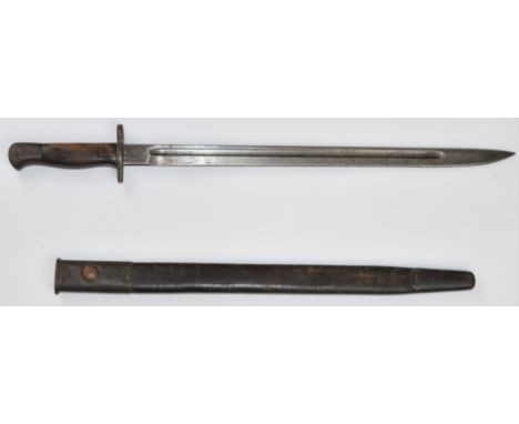 British WW1 1907 bayonet with wooden grips, clear stamps to ricasso, 43cm fullered blade and scabbard.&nbsp;PLEASE NOTE ALL B