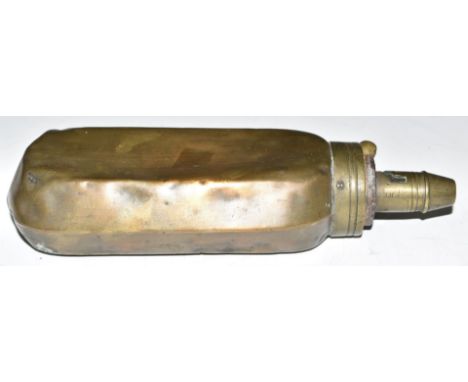 Copper and brass hexagonal powder flask, 17cm long.