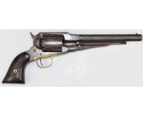 Remington Army .44 single-action holster revolver with brass trigger guard, shaped wooden grips and 8 inch octagonal barrel s