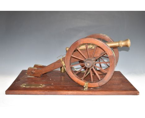 Model circa 1790 18 pounder siege cannon with bronze or similar barrel and wooden carriage, on base with plaque giving detail