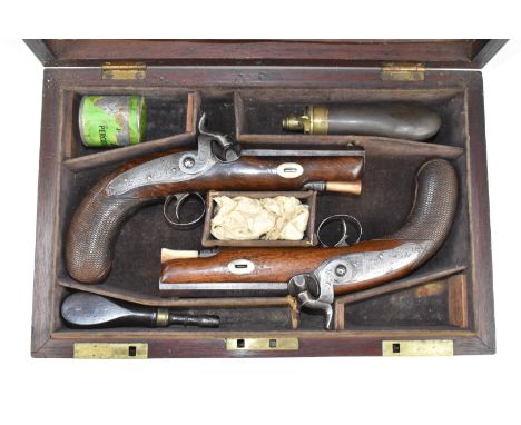 A pair of Harvey &amp; Son of Exeter percussion hammer action pistols each with named and engraved lock, engraved trigger gua