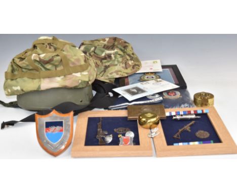 Modern combat helmet, size large, with various covers, marching compass by TG Company dated 1940, various items of modern cam
