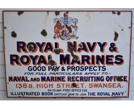 Naval / military / Swansea interest enamel recruitment advertising sign 'Royal Navy &amp; Royal Marines - good pay and prospe