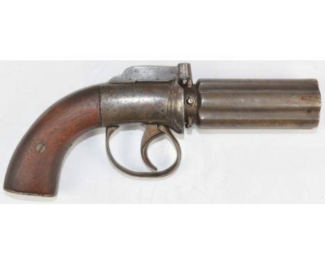 Unnamed percussion bar hammer action six-shot pepperbox pistol or revolver with wooden grips and 3.5 inch smooth bored barrel