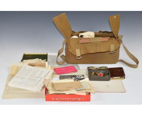 WW2 ARP 'Paragon' surgical pouch with contents, together with associated paperwork, ration books, Red Cross buttons and shoul