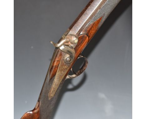 Unnamed 12 bore percussion hammer action sporting gun with engraved lock, hammer, trigger guard and butt plate, chequered gri