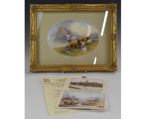 Milton Holloway (ex Royal Worcester artist) signed porcelain plaque decorated with Highland cattle in the manner of Stinton, 