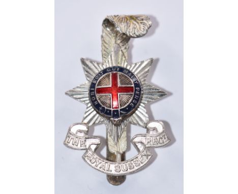 British Army The Royal Sussex Regiment Officer's silvered and enamel cap badge