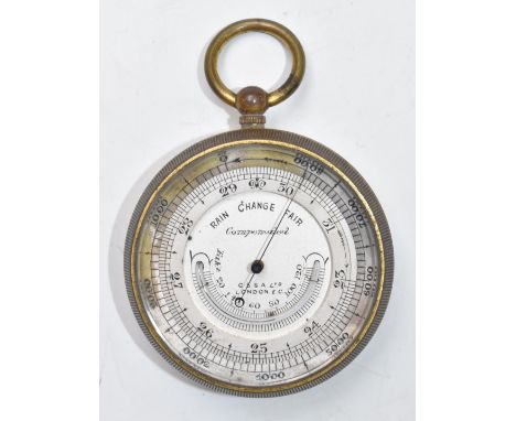 CSA Ltd pocket barometer with curved thermometer to dial and rotating bezel, diameter 5cm
