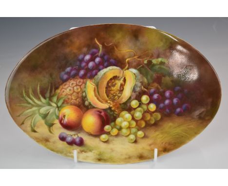 Royal Worcester painted fruit oval plaque with unusual cut melon and pineapple, signed F Roberts, 16 x 24.5cm