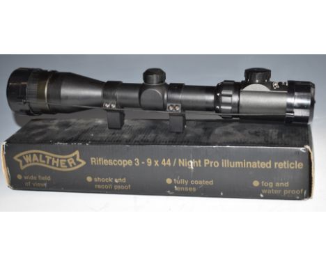 Walther 3-9x44 Night Pro rifle scope with scope mounts and lens covers, in original box together with a Webley Marksman ename