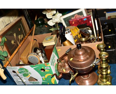 BRASS, COPPER AND SUNDRY ITEMS, to include a pair of J Barlows Patent brass candlesticks, copper kettles and jugs, samovar, B