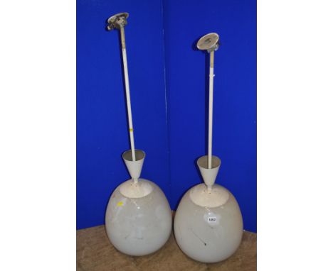 A PAIR OF OPAQUE WHITE OVOID GLASS AND OVER PAINTED NICKEL PLATED CEILING LIGHT FITTINGS, approximate height overall 98cm x a
